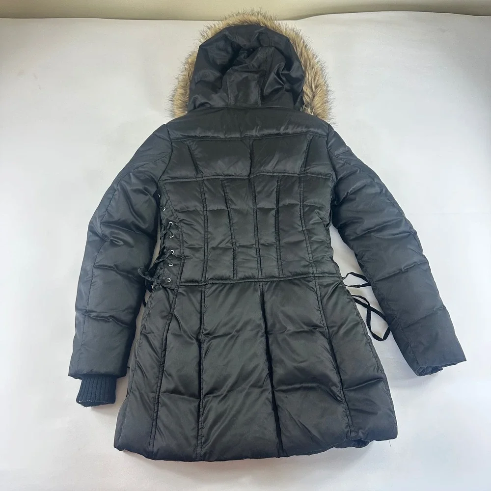 Betsey Johnson Youth Medium High Black Puffer Coat Faux Fur Hood Leopard‎ Lining